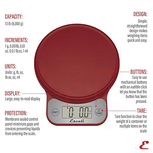 Escali Telero Digital Food Scale, Multi-Functional Kitchen Scale, Precise Weight Measuring and Portion Control, 7.62 x 6.1 x 1.28 inches, Red (T136)