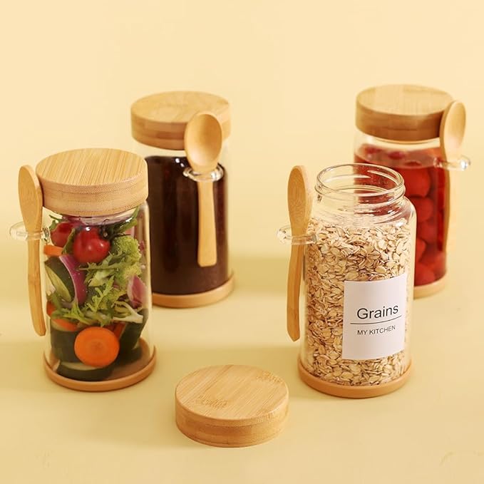 SAIOOL 4 Pack Glass Storage Containers with Bamboo Lids and Spoon,Overnight Oats Containers with Lids,with Anti Slip Silicone Base,Seasoning Organizer,Spice Jars (Bamboo 18.6OZ*4)