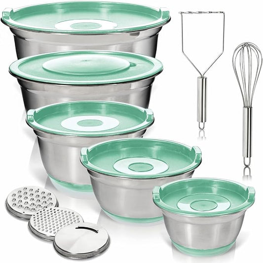 WHYSKO® Stainless Steel Mixing Bowls With Lids Plus Stainless Steel Whisk, Potato Masher and Grater Lids, 5 Nesting Mixing Bowls And Kitchen Tools for Meal Prep, Cooking, Baking, Serving, Food Storage