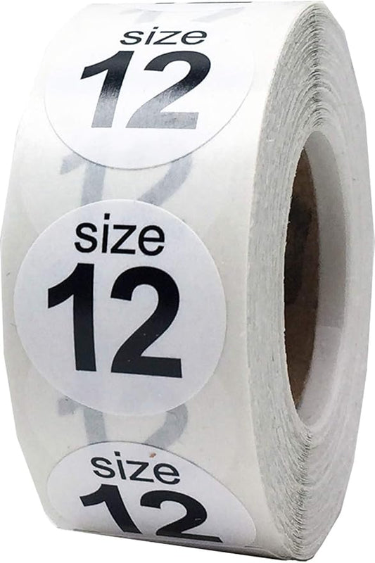Shoe Size 12 White Stickers - 3/4 Inch Round, 500 Semi-Gloss Adhesive Labels Per Roll for Retail, Footwear Inventory, and Organization - Made in The USA