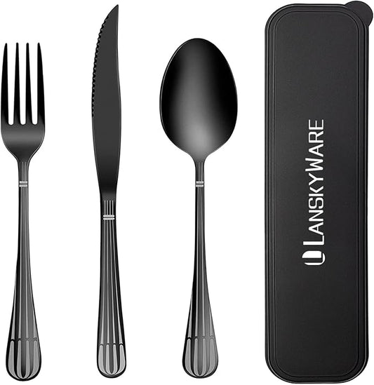Portable Utensils Set With Case - 18/8 Stainless Steel Spoon and Fork Set for Travel, Camping, Office, Lunch Box - 3 PCs Steak Knife Included - Dishwasher Safe
