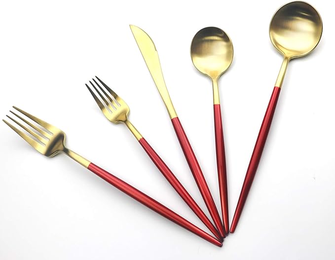 Red Gold Flatware, Royal 20 Pieces Matte White Handle 18/10 Stainless Steel Tableware Sets for 4 Including Forks Spoons Knives, Camping Silverware Travel Utensils Set Cutlery (Red Gold)