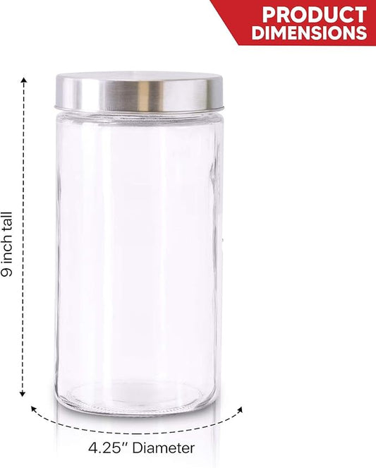 Glass Jars for Kitchen – Set of 3 Large Food Storage Containers – 60Oz Storage Jars with Metallic Lids – Multipurpose Glass Containers for Snacks, Coffee, Pet Treats – Screw-On Lid