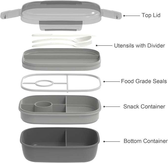 JBGOYON® Bento Lunch Box Set - 3 Stackable Containers for Adults and Kids- Includes Lunch Bag, Leak-Proof and BPA-Free - Built-in Utensil Set and Snack Bag - Dishwasher Safe(Grey Black)