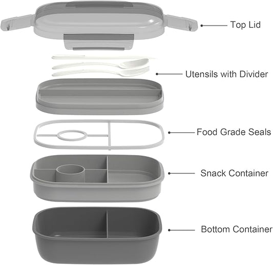 JBGOYON® Bento Lunch Box Set - 3 Stackable Containers for Adults and Kids- Includes Lunch Bag, Leak-Proof and BPA-Free - Built-in Utensil Set and Snack Bag - Dishwasher Safe(Grey Black)