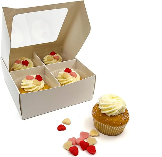 Treat boxes with window and dividers | 4 MEDIUM compartments | 6 x 6 x 2.4 in | Valentine treat boxes, baked goods packaging, box for cookies, pastry packaging | 24-pack (White)