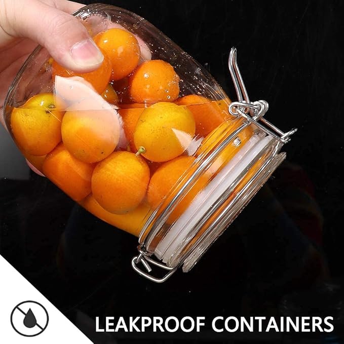 6 Pack 25 oz Pint, 750 ml Clear Glass Jars With Airtight Lids and Leak Proof Rubber Gasket, Hinged lids. Wide Mouth Storage Containers Preserving Jars, Mason Jars, Kitchen Storage Canisters