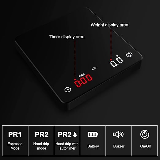 Coffee Scale, Espresso Scale,Weigh Digital Coffee Scale with Timer, 2kg/0.1g High Precision Pour Over Hand Drip Scale Weighing Instrument Auto Mode(LED,Black,Rechargeable)