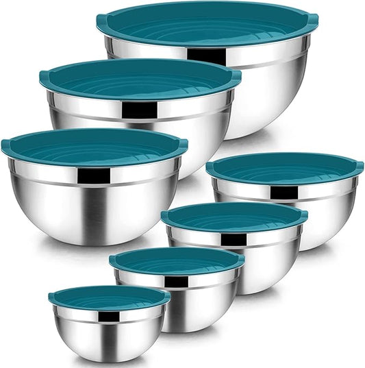 TeamFar Mixing Bowl Set of 7, Stainless Steel Metal Nesting Salad Bowls with Lids, 7, 4.5, 3, 2.5, 1.5, 1.2, 0.7 QT Fit for Mixing, Healthy & Sturdy, Airtight Lid & Easy Clean, Blue