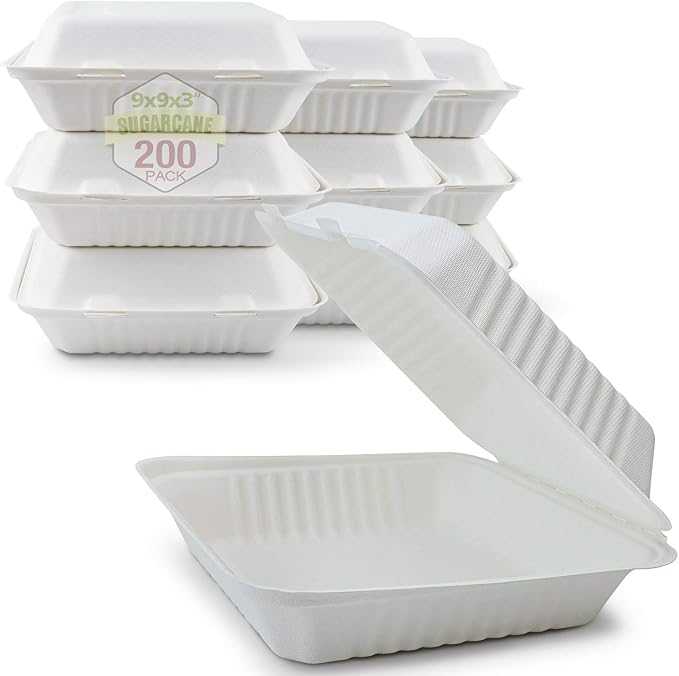Green Earth 9-Inch, 200-Count, 1-Compartment, Compostable Clamshell, Natural Bagasse (Sugarcane Fiber), Take-Out/to-Go Food Boxes - Biodegradable Containers, Hinged Lid Microwave-Safe Gluten-Free