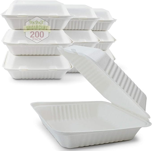 Green Earth 9-Inch, 200-Count, 1-Compartment, Compostable Clamshell, Natural Bagasse (Sugarcane Fiber), Take-Out/to-Go Food Boxes - Biodegradable Containers, Hinged Lid Microwave-Safe Gluten-Free
