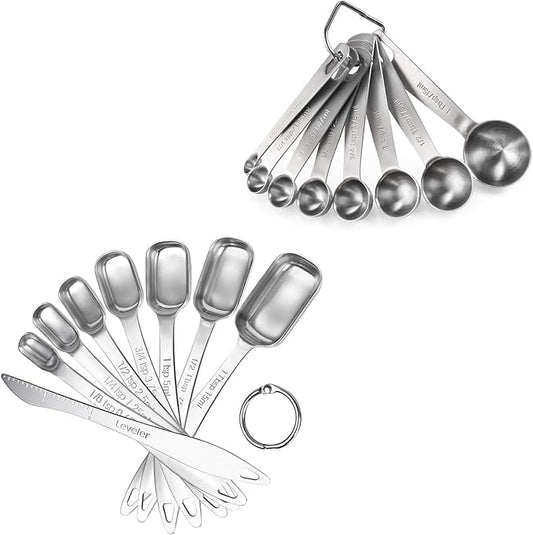 18/8 Stainless Steel Measuring Spoons Set for Dry and Liquid Ingredients Set of 8, and 18/8 Stainless Steel Square Measuring Spoons Set of 8