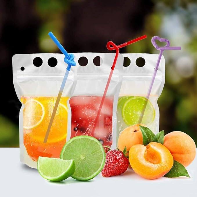 100 Pcs Drink Pouches with 100 Straws, Juice Pouches with 30Pcs Disposable Freezable Ice Popsicle Mold Bags, Drink Pouches for Adults and Kids, Clear Pouch for Cold & Hot Drinks (100Pcs)