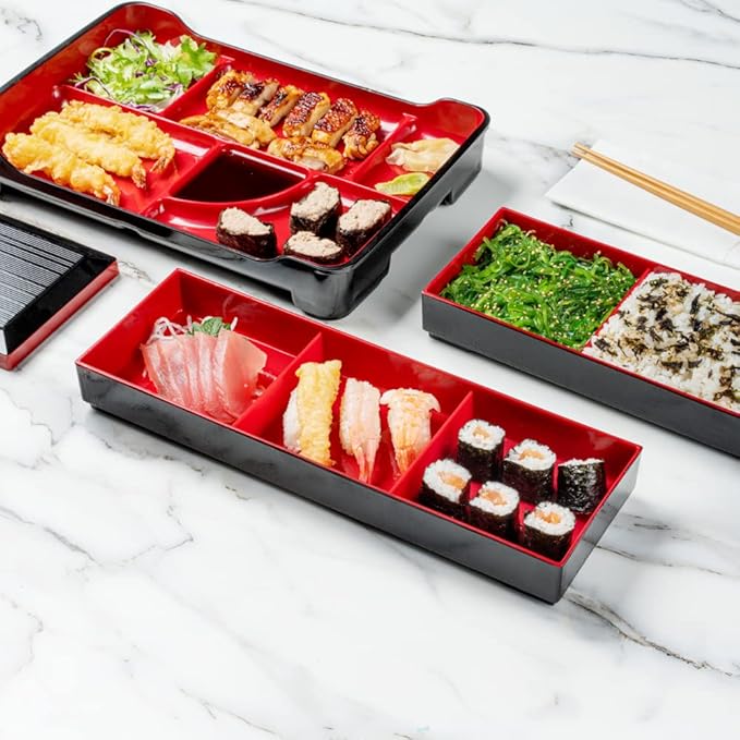 Restaurantware-14 x 4.6 x 2.4 Inch Compartment Lunch Container, 1 Japanese Style Adult Lunch Container - With 3 Compartments, Greaseproof, Black & Red Plastic Divided Lunch Box, For Hot & Cold Food