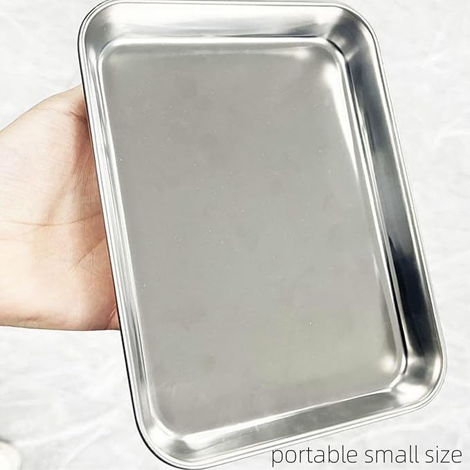 Lyellfe 6 Pack Stainless Steel Plates, Metal Food Tray Plate, 7''L x 5''W Small Baking Sheets for Oven, Food Safe Smooth Polished for Adults, Picky Eaters, Campers, Hand Project