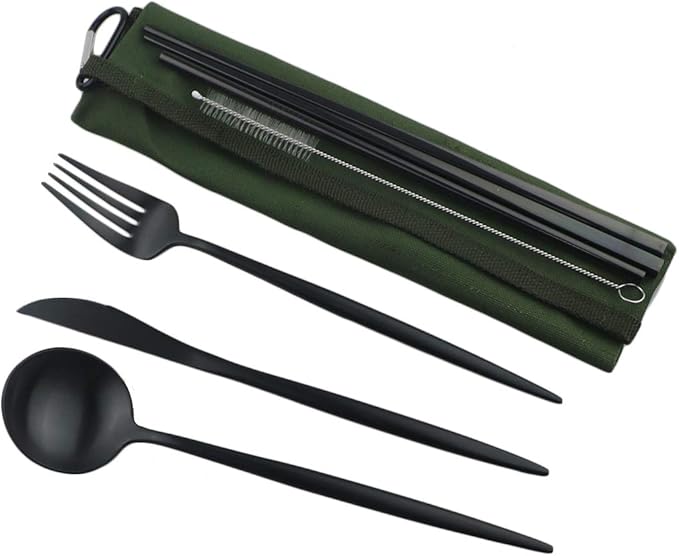 Reusable Travel Utensils, 7 Piece Portable 304 Stainless Steel including Knife Fork Spoon Chopsticks Cleaning Brush Straws Portable Pouch, Eco-friendly Camping Silverware Set, Dishwasher Safe