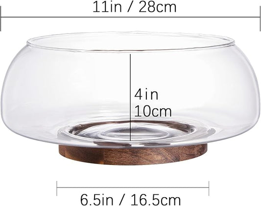 Large Glass Salad Bowl Set with Acacia Wood Base and Salad Serving Utensils, Salad Servers for Party, Fruits, Popcorn, Chips, Pasta, Kitchen Must-Have