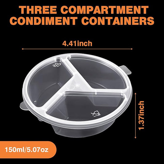 30 Pcs 3 Compartment Condiment Containers with Lids Disposable Sauce Cups 5 oz Small Plastic Snack Containers Portion Cups for Salsa Dips Dressing
