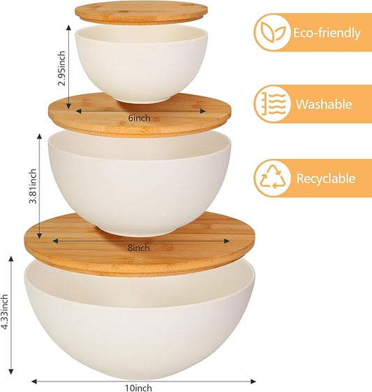 ShineMe Salad Bowl with Lid, Natural Bamboo Fiber Serving Bowls Set of 3 with Bamboo Wood Lids, Beige Mixing Bowls Set for Preparing, Storing and Serving Salad Fruit Chips Bread(10",8",6")
