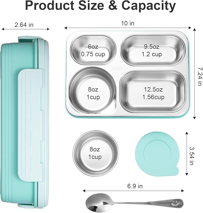 36-oz Lunch Box Containers Stainless Steel Bento Box for Adults with 4-Compartment Snack Tray, Soup Bowl with Lid & Metal Spoon, Dishwasher Safe, Easy to Carry, Green