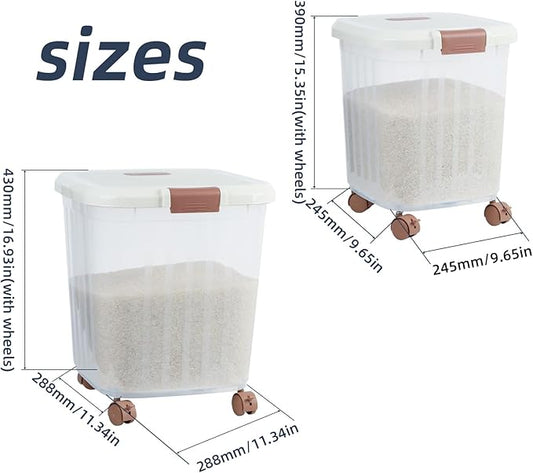 2PCS Airtight Flour Sugar Storage Containers with Lids, Easy to Move, Plastic Rice Cereal Grain Pet Food Bin with Wheels for Kitchen Pantry Organization (30lbs & 50lbs)