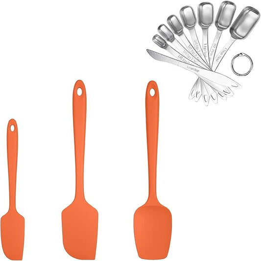 U-Taste 600ºF Heat Resistant Food Grade Silicone Spatula Set of 3, and 18/8 Stainless Steel Square Measuring Spoons Set of 8 (Orange+Silver)