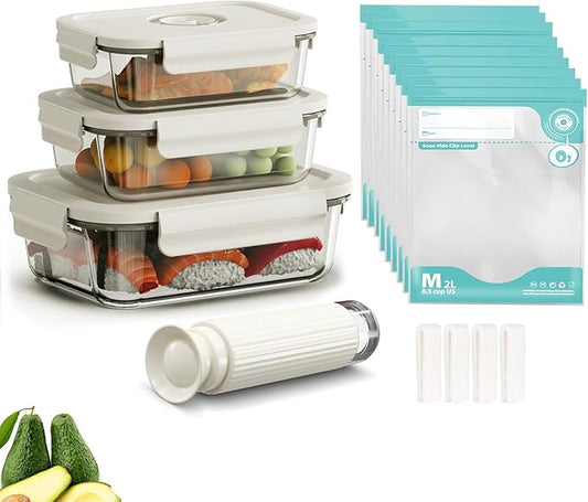 17 PCS Borosilicate Glass Food Vacuum Storage Containers, Vacuum Seal, Airtight,Pantry Kitchen Storage, Meal Prep, Lunch, Leftovers,3 Containers, 10 Reusable Food Saver Sealer Bags,4 Sealing Clips