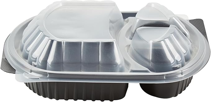 Restaurantware RW Base 27 Ounce Meal Prep Containers, 50 Microwavable To Go Containers With Lids - 3 Compartments, Disposable, Black Plastic Oval Food Containers, For Hot And Cold Food, Freezable
