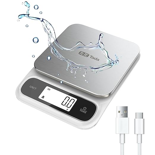 Tada 11lb Food Kitchen Digital Scale with 0.01oz/0.1g Precision IPX6 Waterproof, Type-C Charging, Ounces and Grams for Weight Loss, Cooking, Baking (White+Black)