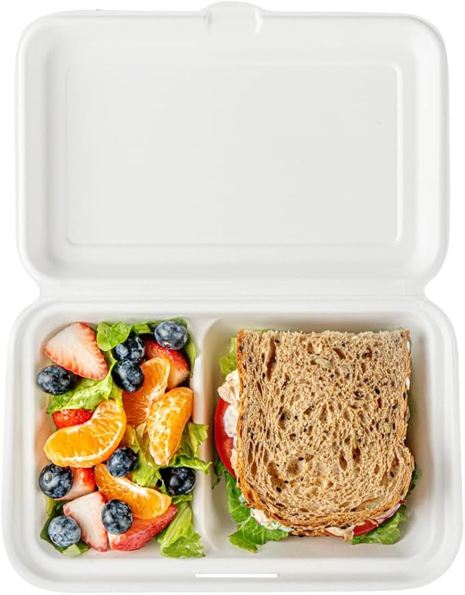 Restaurantware Pulp Safe No PFAS Added 34 Ounce Clamshell Boxes 100 Disposable Containers - Home Compostable 2 Compartments White Bagasse Containers Microwavable And Freezable Hinged Lid
