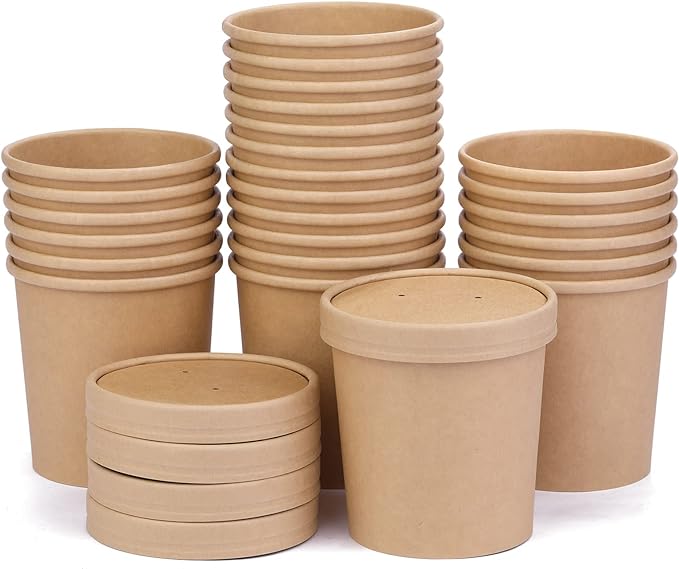 16 oz 25 Pack Paper Soup Containers with lids, Disposable Kraft Food Cups, Soup Cups Paper Ice Cream Cup, Dessert Cup, Yogurt Ice Cream Containers. Great For Restaurants, Take Outs, or To-Go Lunch