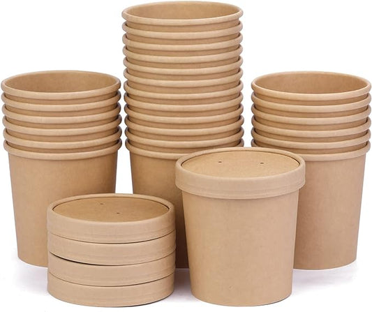 16 oz 25 Pack Paper Soup Containers with lids, Disposable Kraft Food Cups, Soup Cups Paper Ice Cream Cup, Dessert Cup, Yogurt Ice Cream Containers. Great For Restaurants, Take Outs, or To-Go Lunch