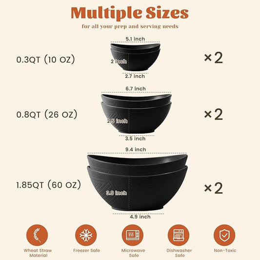 Homienly Wheat Straw Bowls Set, Premium Wheat Straw Bowls Set of 6, Mixing Bowls for Kitchen, Salad, Cereal, Nuts,Microwave & Dishwasher Safe Nesting Bowls Includes 3 Sizes(Black)