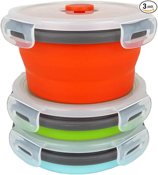 Ecomorning 3Piece Round Collapsible Lunch Container Silicone Food Storage Containers Collapsible Camping Bowl with Airtight Silicone Lids, Microwave, & Freezer Safe, 350ML