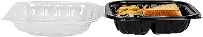 Restaurantware Thermo Tek 34 Ounce Clamshell Containers, 100 Disposable Take Out Boxes - 3 Compartments, Ventilated Lids, Black Plastic Meal Prep Containers, Microwavable, For Pasta Or Salads