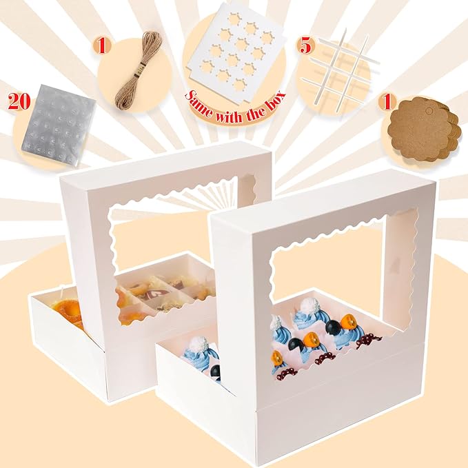 qiqee 12 Cupcake Boxes with Window 16-Packs White Cupcake Box 13"x10"x3.5" Cupcakes Carrier, 12 Cupcake Containers