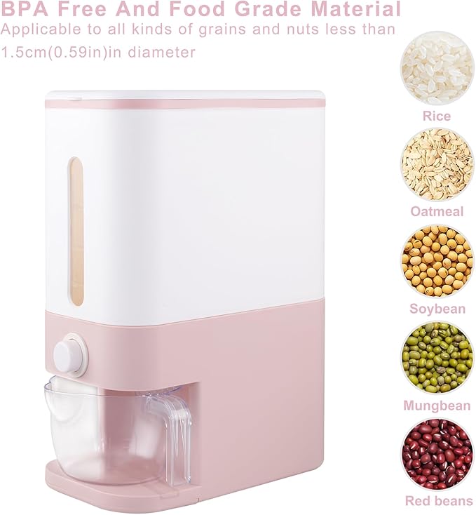 Rubtlamp 22.5-25 Lbs Pink Rice Dispenser, Rice Storage Container, Pink Rice Storage Container with Measuring Cup, Rice Holder Bucket for Household Kitchen Rice Soybean Corn