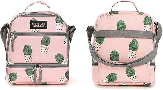 Tilami Lunch Bags Insulated Adjustable Strap Zipper, Two Compartments Cooler Bags, Bento Bags for Kids Toddlers, Cactus