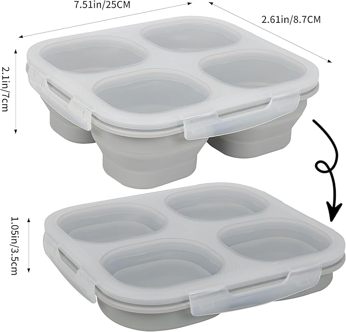 Collapsible Silicone Food Storage Container, 4-Compartment Snack Containers Portion Control with Clip-on Lid, Stackable, Space Saving, Microwave/Fridge/Freezer/Dishwasher Safe (3)