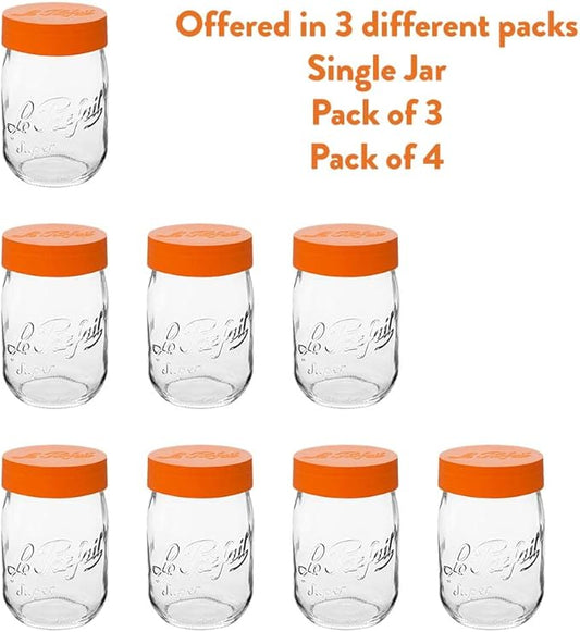 Le Parfait Screw Top Jar Wide Mouth French Glass Jar | Ideal for Food and Soup Storage, Canning, Flour, Brown Sugar, and other Baking Supplies (1L/32oz, Pack of 4, Orange)