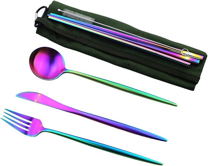Reusable Travel Utensils, 7 Piece Portable 304 Stainless Steel including Knife Fork Spoon Chopsticks Cleaning Brush Straws Portable Pouch, Eco-friendly Camping Silverware Set, Dishwasher Safe