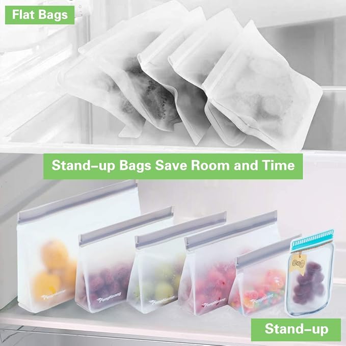 12 Stand Up Extra Thick Leakproof Reusable Food Bags - Reusable Freezer & Storage Bags