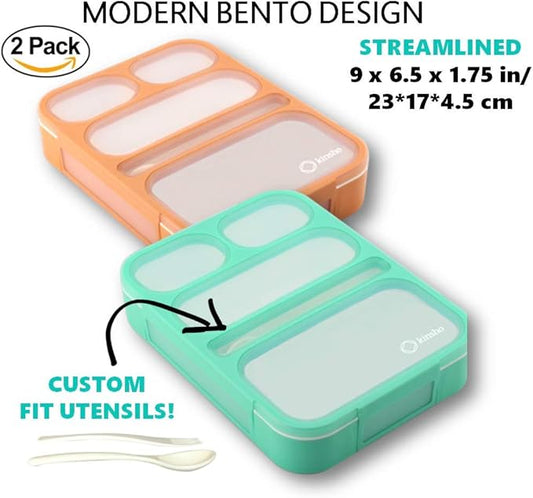 Kinsho Bento Box for Adults and Kids, Leakproof Lunch-Boxes with Custom Fit Spoon and Fork, Portion Control Container, BPA Free, Green + Orange, 5 Compartments, 2 Pack