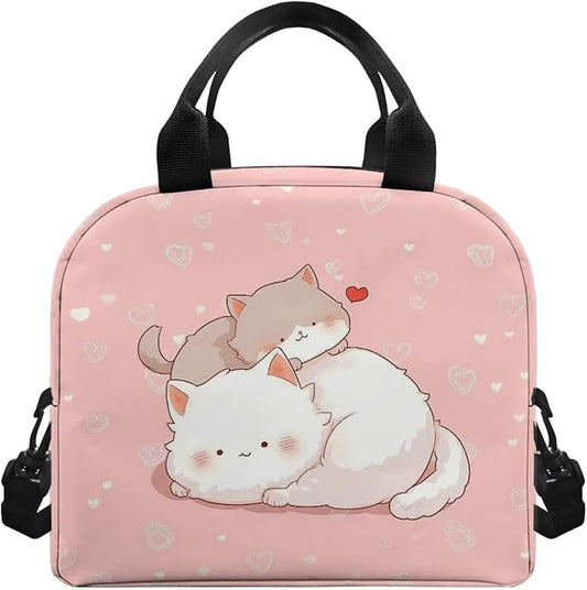 Showudesigns Cute Cat Lunch Bag for Girls 6-8 8-10 Pink Lunch Box Portable Insulated Lunch Bags Thermal Meal Tote Kit with Zipper Pockets Kids Tote Bags Back To School Crossbody