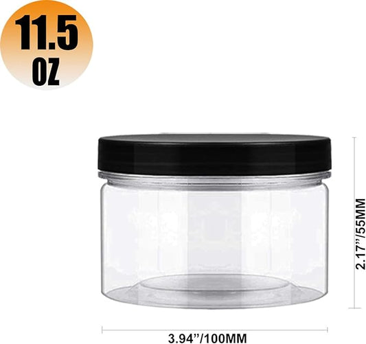 11.5oz (340 ml) Empty Clear Wide Mouth Plastic Jars with Smooth Black Lids and Labels (12 Pack) – PET Containers Great for Cream,Cosmetics,Slime Storage Jars –BPA Free