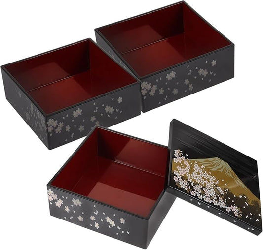 Amosfun Traditional Japanese Bento Lunch Box 3-tiers Sushi Tray Plastic Lacquered Snack Box with Lid Meal Container for Home Restaurant
