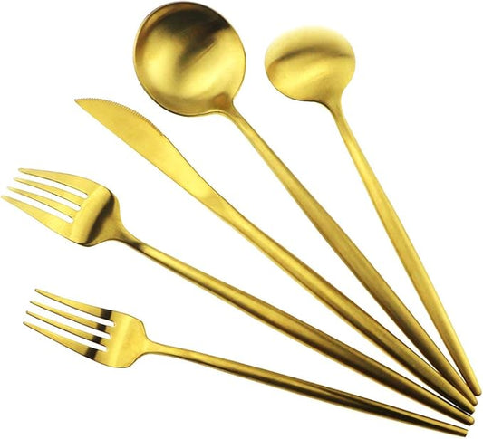 Gold Flatware, Royal 20 Piece Luxury Matte Finish 18/10 Stainless Steel Tableware Sets for 4 Including Forks Spoons Knives, Camping Silverware Travel Utensils Set Cutlery (Gold)