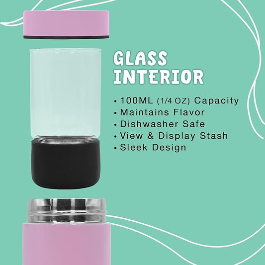 Mini Airtight Storage Container - Vacuum Sealed Insulated w Nested Glass Jar - UV Protection, Temperature Controlled Stainless - Whiteboard Finish w Marker Included - 100 ml (1/4 Oz)