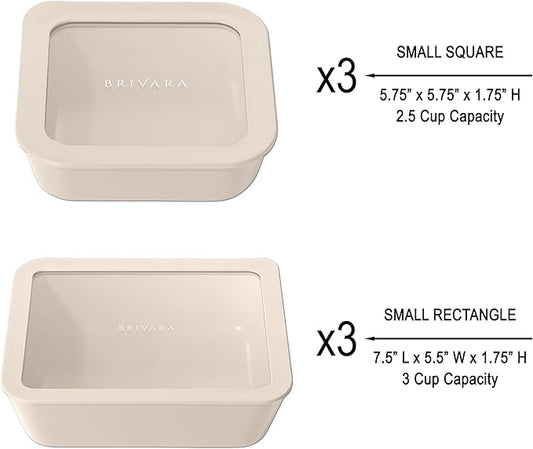 Ceramic Coated Glass Food Storage Container | No PTFE, PFOA, PFAS, and BPA | Reusable Non Toxic Meal Prep Container with Glass Lid | Easy To Store | 6 Piece Food Prep [Crema]