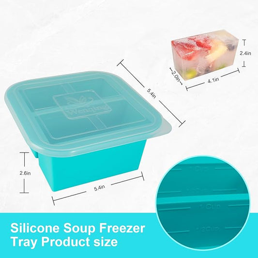 Silicone Freezer Tray with Lid 4 Pack Silicone Freezer Molds Ice Cube Tray Makes 8 Perfect 1 Cup Portions Soup Cubes Meal Prep Containers - Oven & Dishwasher Safe